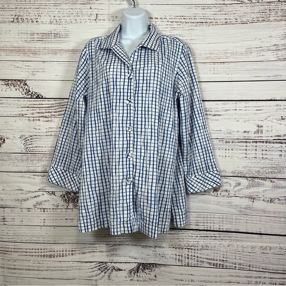 Foxcroft White Blue Check Button Shirt - Picture 1 of 13